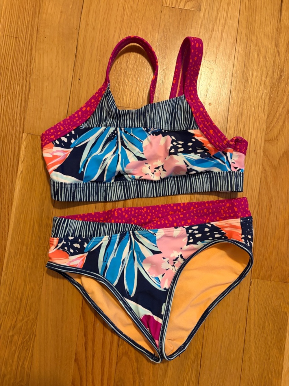 Athleta Navy Floral Two-Piece Swim Set with Pink Accents